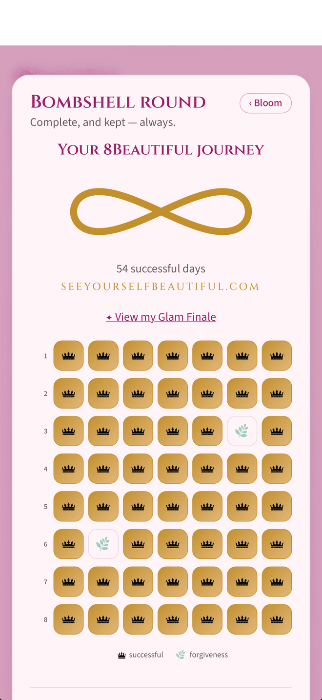 A completed Bombshell round in the 8Beautiful app — gold crowns for the days kept, leaves for the days forgiven.